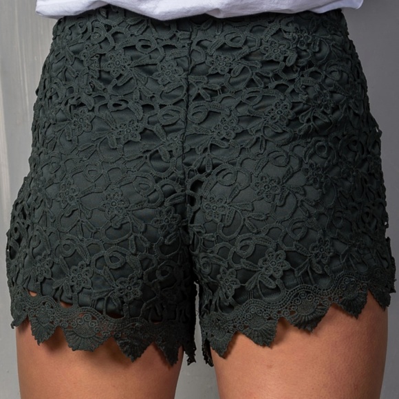 Army Green Boho Crotchet Shorts - Picture 2 of 6